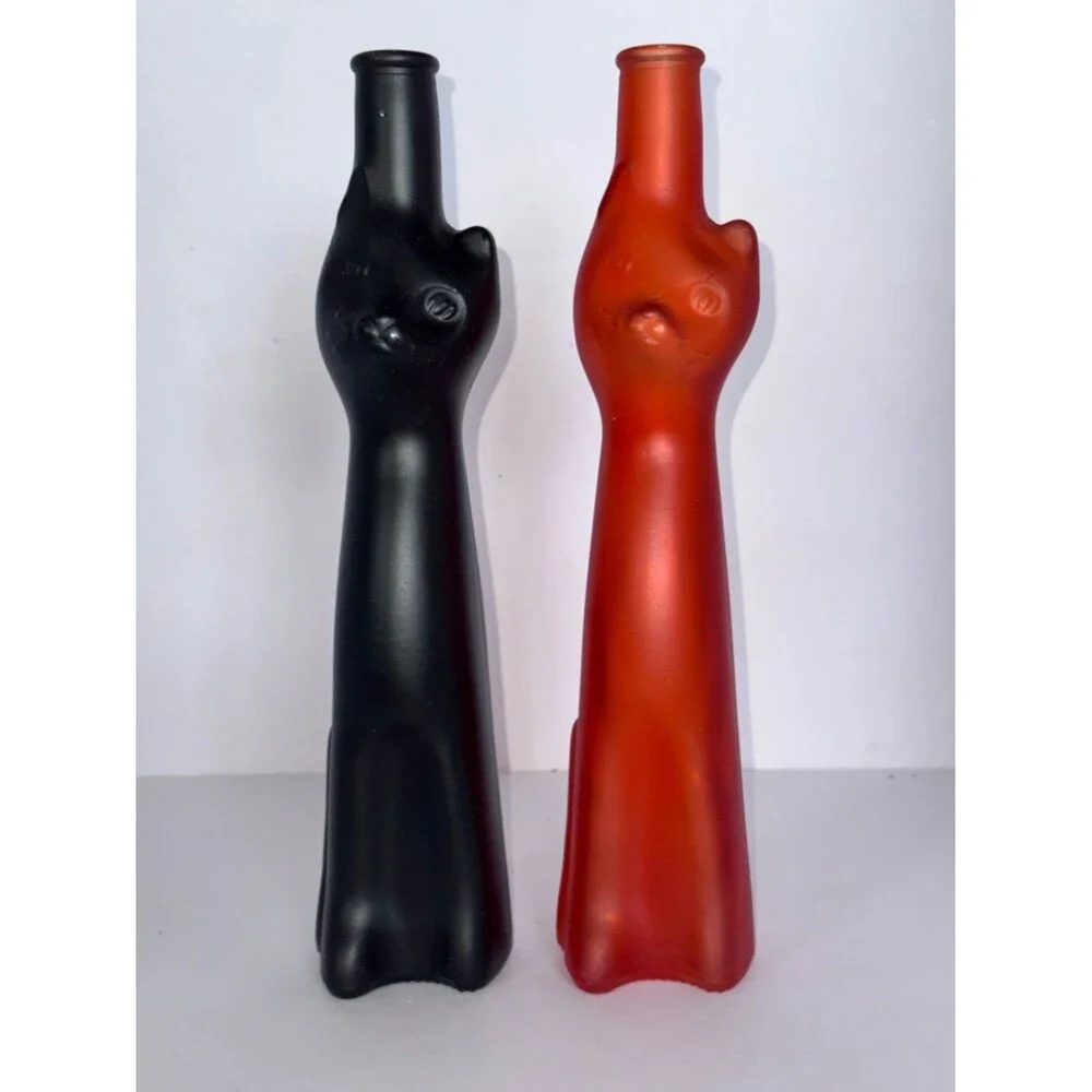 2 Matte Black & Red Cat Bottle Vases